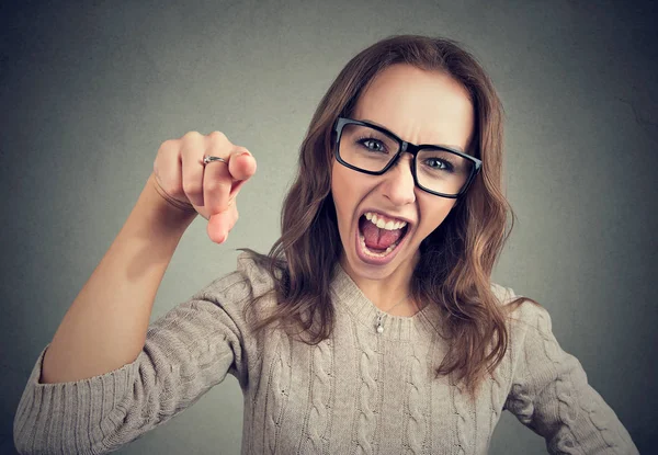 Young Girl Glasses Pointing Camera Shouting Accusation Looking Angry Gray — Stock Photo, Image