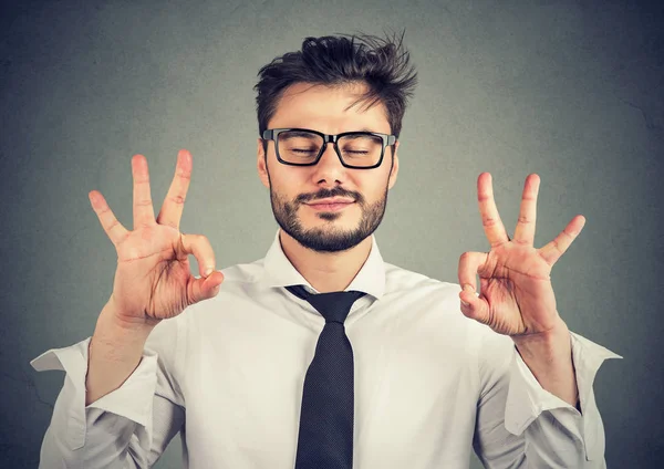 Young Man Shirt Eyeglasses Holding Hands Signs Keeping Eyes Closed — Stock Photo, Image