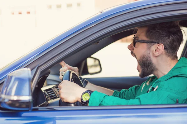 Perfil Lateral Hombre Hipster Enojado Conductor Las Emociones Humanas Negativas — Foto de Stock