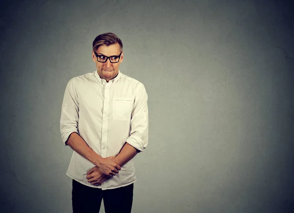Man Shirt Glasses Looking Guilty Looking Away Nervously Holding Hands — Stock Photo, Image