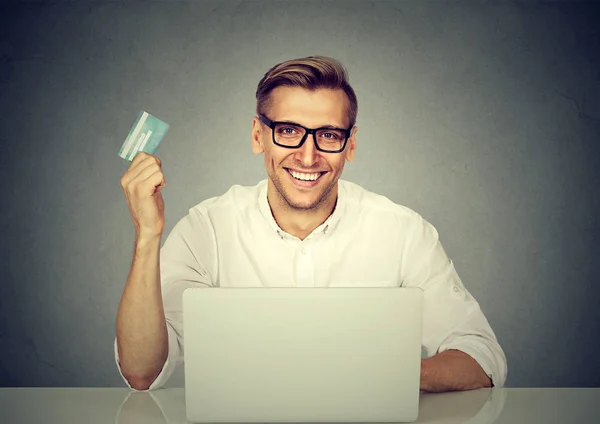 Stylish Happy Man Glasses Sitting Table Laptop Doing Purchases Internet — Stock Photo, Image