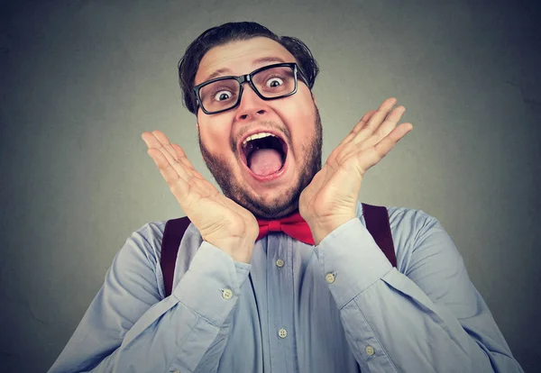 Chunky Stylish Man Glasses Screaming Deep Surprise Happy Excitement Looking — Stock Photo, Image