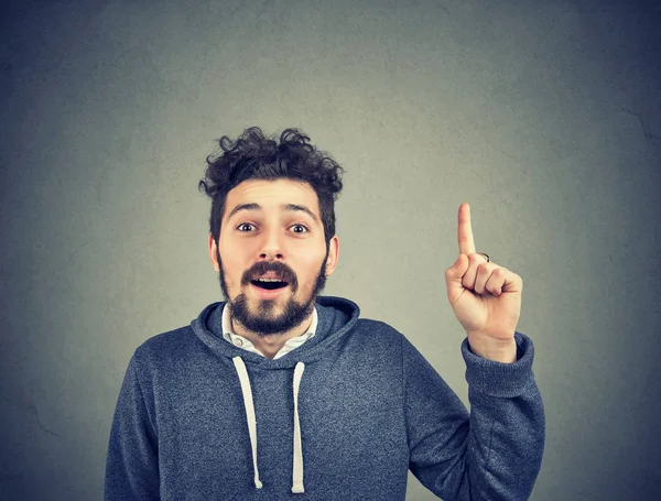 Excited Bearded Man Holding Forefinger Looking Enlightened Brilliant Idea — Stock Photo, Image