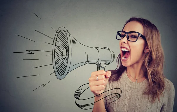 Expressive Woman Screaming Loudly Megaphone Spreading News Propaganda — Stock Photo, Image