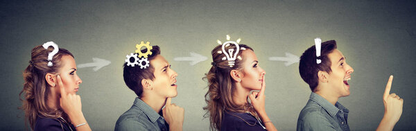 Emotional intelligence. Thoughtful man and woman thinking solving together a common problem. Human face expressions