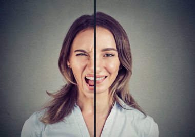 Bipolar bozukluk kavramı. Gri arka plan üzerinde izole çift yüz ifadesi ile genç kadın
