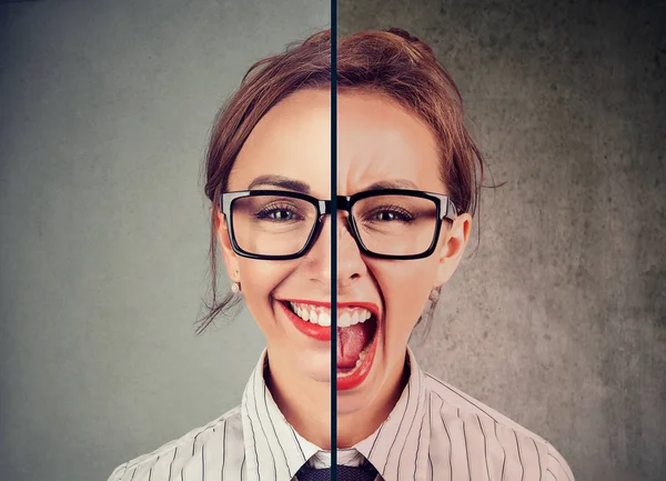 Bipolar Disorder Concept Young Woman Double Face Expression Isolated Gray — Stock Photo, Image