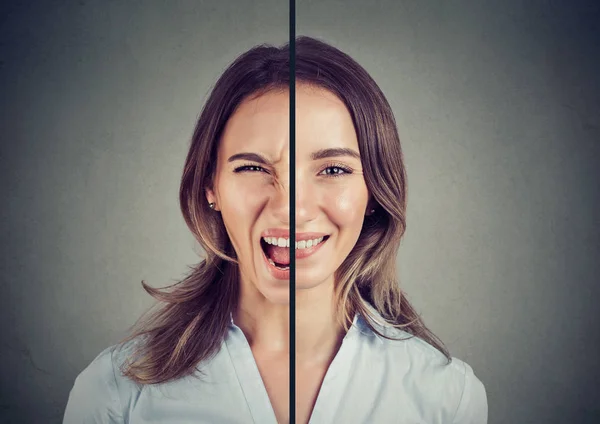 Bipolar Disorder Concept Young Woman Double Face Expression Isolated Gray — Stock Photo, Image