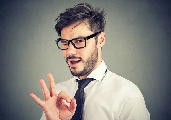 Young Bearded Man Glasses Showing Gesture Blinking Camera Overconfidence — Stock Photo, Image