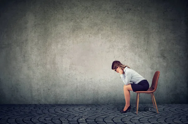 Depressed Business Woman Upset Bad Luck Sitting Chair Alone Gray — Stock Photo, Image