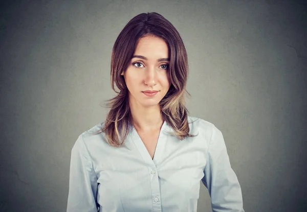 Skeptical Suspicious Young Business Woman Looking Camera Isolated Gray Wall — Stock Photo, Image