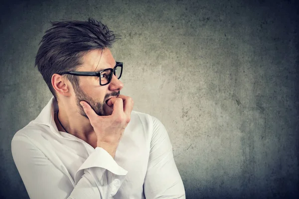 Adult Bearded Man Having Panic Phobia Looking Away While Biting — Stock Photo, Image