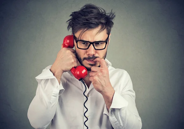 Young Frustrated Man Glasses Having Call Telephone Biting Nail Looking — Stock Photo, Image