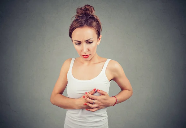 Young Woman Chest Breast Pain Palpating Lump Isolated Gray Background — Stock Photo, Image