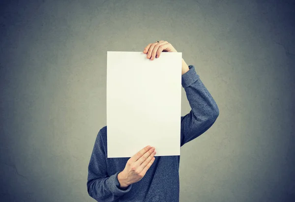 Man Holding Blank Piece Paper Hiding His Face — Stock Photo, Image