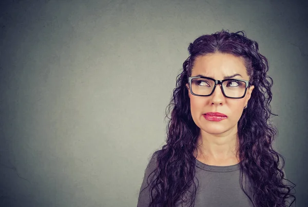 Closeup Thoughtful Young Woman Glasses Looking Contemplating Future Plans Has — Stock Photo, Image