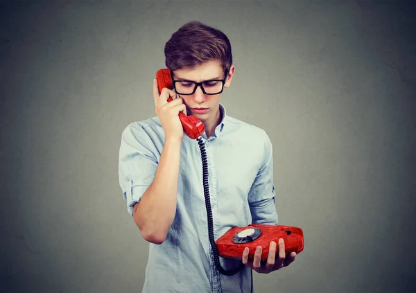 Confused Sad Worried Teenager Man Talking Old Fashioned Telephone — Stock Photo, Image