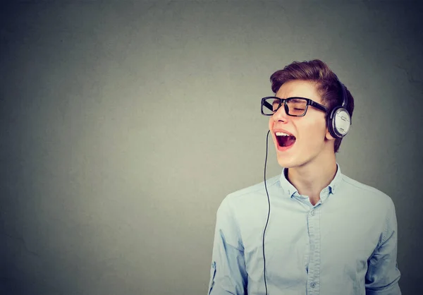 Closeup Handsome Guy Headphones Blue Shirt Listening Music Singing — Stock Photo, Image