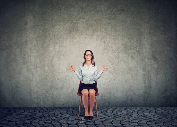 Business Woman Glasses Sitting Chair Holding Hands Apart Meditation Harmony — Stock Photo, Image