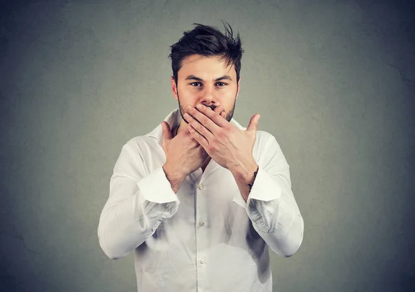 Young Man White Shirt Covering Mouth Keeping Privacy Speaking Evil — Stock Photo, Image
