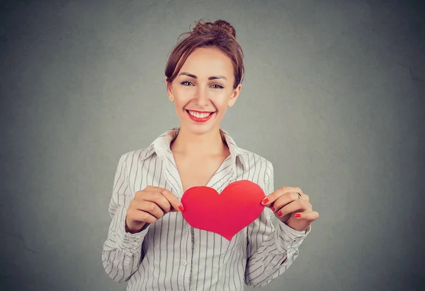 Pretty Woman Shirt Holding Big Red Heart Chest Full Great — Stock Photo, Image