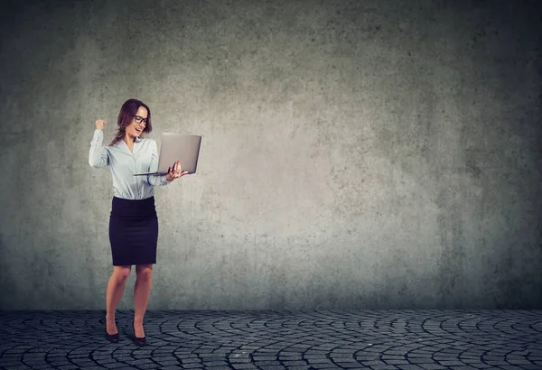 Young Elegant Woman Holding Laptop Looking Super Excited Great News — Stock Photo, Image