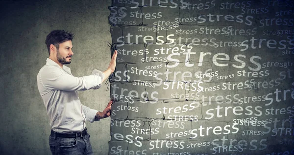 Side View Man Pushing Away Block Wall Stress Willing Have — Stock Photo, Image