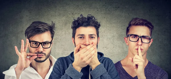 Keep Secret Quiet Concept Three Secretive Men Keeping Mouth Shut — Stock Photo, Image