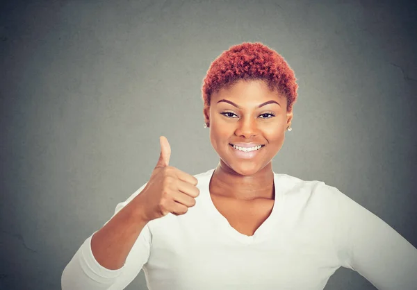 Happy Young Woman Holding Thumb Smiling Camera Gray Background — Stock Photo, Image