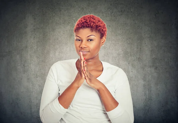 Young Sly Woman Holding Hands Together Spinning Intrigues Looking Cunning — Stock Photo, Image