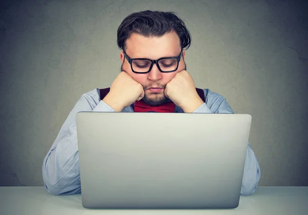 Young Obese Man Sitting Workplace Procrastinating Being Lazy Distracted — Stock Photo, Image