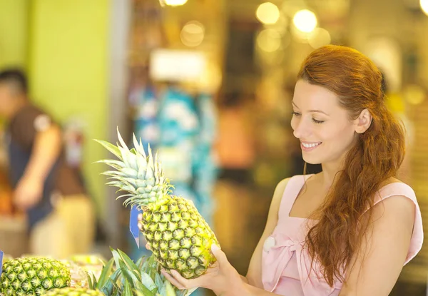 Charming Young Woman Choosing Pineapple While Shopping Grocery Store — Stock Photo, Image