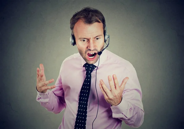 Adult Man Headset Working Operator Yelling Customer Gray Background — Stock Photo, Image
