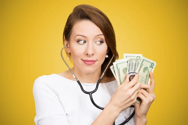 Young Woman Stethoscope Listening Dollar Bills Making Analysis Money Investment — Stock Photo, Image