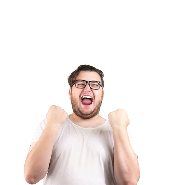 Hombre Obeso Con Gafas Sosteniendo Puños Emoción Victoria Mientras Grita — Foto de Stock