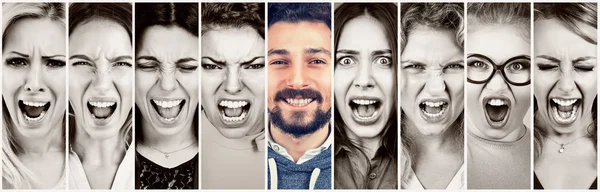 Grupo Multiétnico Mulheres Frustradas Desesperadas Stressadas Feliz Homem Barba Sorridente — Fotografia de Stock