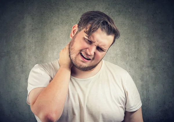 Adult Chubby Man Massaging Neck Having Problem Muscle Frowning Pain — Stock Photo, Image