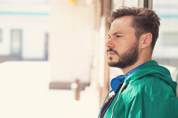 Handsome Bearded Man Headphones Looking Away Contemplation Being Sad While — Stock Photo, Image