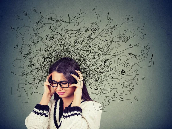 Thoughtful Stressed Young Woman Glasses Mess Her Head Feeling Anxious — Stock Photo, Image