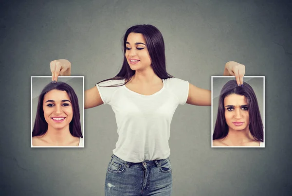 Young Cheerful Woman Holding Pictures Good Bad Emotions Having Mood — Stock Photo, Image