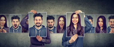 Dengeli ilişki kavramı. Maskeli kadın ve erkek farklı duygular yüz değişimi ifade 