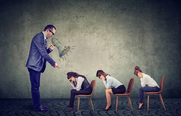 Authoritarian Angry Boss Businessman Screaming Megaphone Giving Orders Sad Looking — Stock Photo, Image