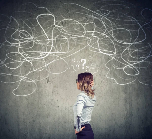 Back View Thoughtful Young Businesswoman Looking Scribble Wall Feeling Confused — Stock Photo, Image