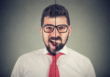 Sinirli ve öfkeli çığlık atan bir işadamının bölünmüş portresi 
