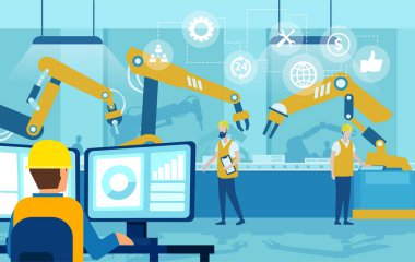 Fabrika hattında otomasyon robot kollarını kontrol eden bir mühendisin vektörü
