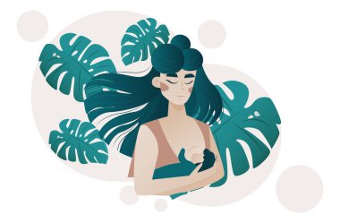 Bebeğini emziren genç bir kadının vektörü 