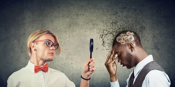 Curious Young Man Looking Magnifying Glass Thoughtful Man Mess His — Stock Photo, Image