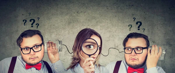 Funny Looking Young Man Woman Having Troubled Communication Trying Read — Stock Photo, Image