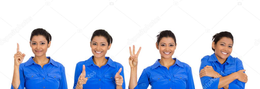 Cute happy young woman giving different gestures 