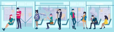 Korumalı yüz maskeleriyle metro otobüsünde dikilen ve oturan bir grup insanın vektörü.
